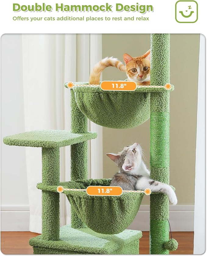 Cactus Cat Tree, 47.6" Cat Tower with 2 Metal Frame Hammock, Cat Scratching Post for Indoor Cats with 2 Removable Pompom Sticks for Kittens, Green-Mewly Pet