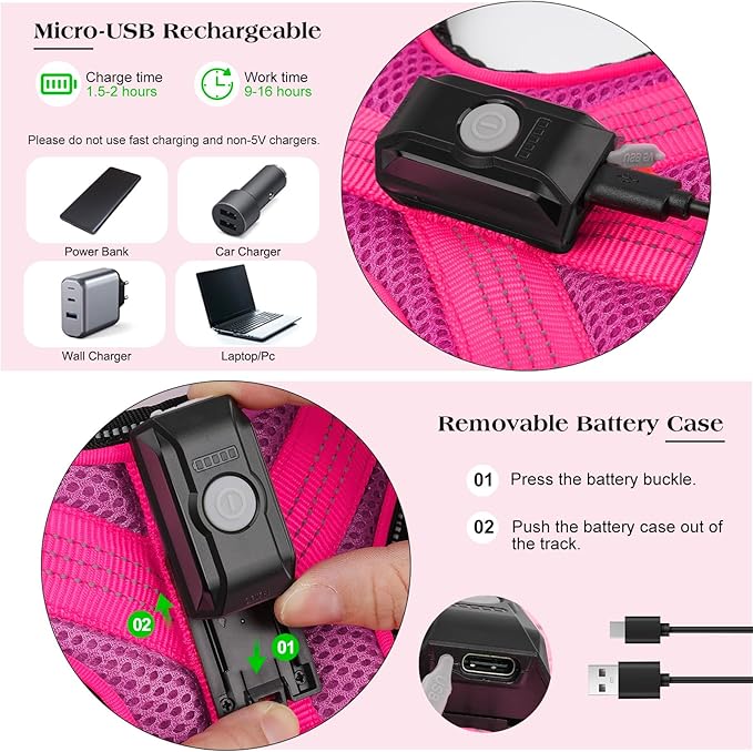 Light Up Dog Harness, Rechargeable LED Dog Harness with Battery Level Indicator, Adjustable Reflective Safety Vest for Night Walking, Soft Mesh Lighted Harness for Medium Large Dogs(5-90lbs)-Mewly Pet