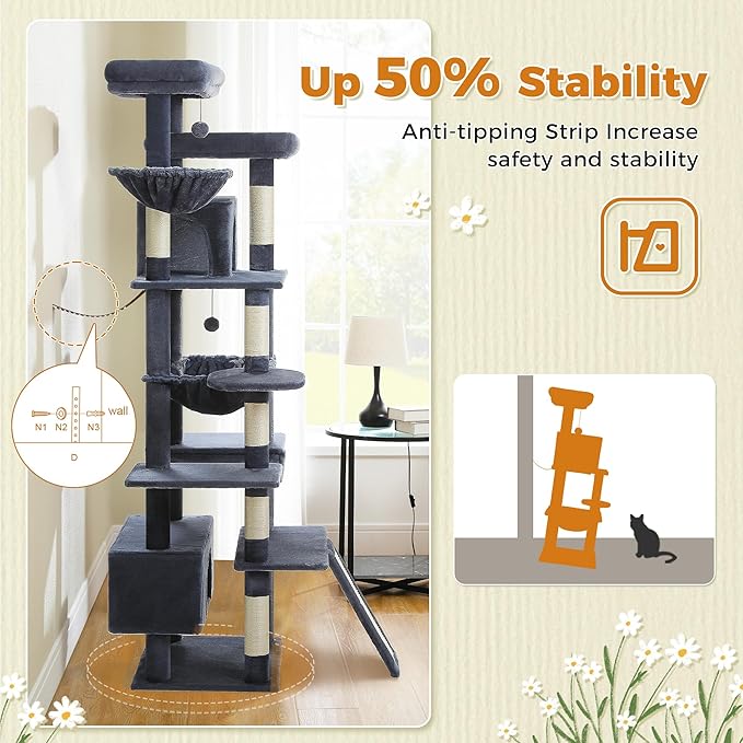 81 Inch Tall Cat Tree for Big Cats & Multi-Cat Homes, Large Heavy Duty Cat Tower with Metal Frame Hammock, 6 Scratching Posts, 2 Condos, 2 Perches, Scratching Pad - Dark Grey-Mewly Pet