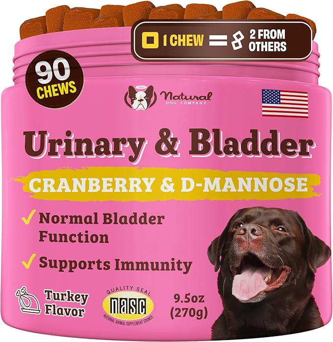 Natural Dog Company Cranberry Supplement for Dogs - Urinary & Bladder Support - D-Mannose for Dog Promotes Bladder Health - Turkey Flavor - Dog UTI Incontinence Supplement - 90 Soft Chews-Mewly Pet