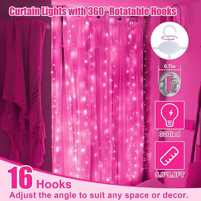 Pink Curtain Light for Bedroom, 300 LED 9.8ft x 9.8ft Window Fairy Curtain String Light with 16 Hooks, 8 Models Remote Control for Wedding Party Home Garden Indoor Decorations