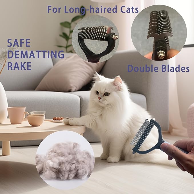 Cat Grooming Brush Kit 6 Tools - Deshedding & Dematting for Long/Short Hair, Self-Cleaning Slicker Brush with 6-in-1 Flea Comb for Cats & Kittens (Blue)-Mewly Pet