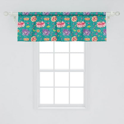 Ambesonne Floral Window Valance, Pattern with Lotus Flowers Peonies and Chrysanthemums Oriental Motifs Garden Art, Curtain Valance for Kitchen Bedroom Decor with Rod Pocket, 54" X 18", Teal