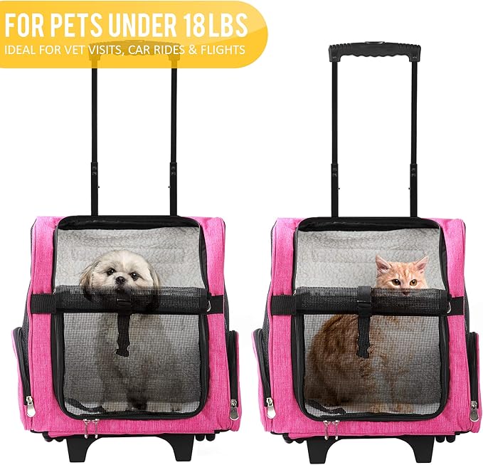 KOPEKS Deluxe Backpack Pet Travel Carrier with Double Wheels for Pets up to 18 Pounds - Pink-Mewly Pet