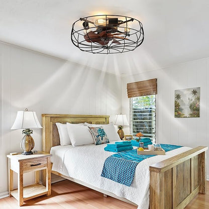 LEDIARY 20" Caged Ceiling Fans with Lights and Remote, Flush Mount Bladeless Ceiling Fan Low Profile, Small Farmhouse Industrial Enclosed Ceiling Fan with Light for Bedroom, Kitchen, Indoor