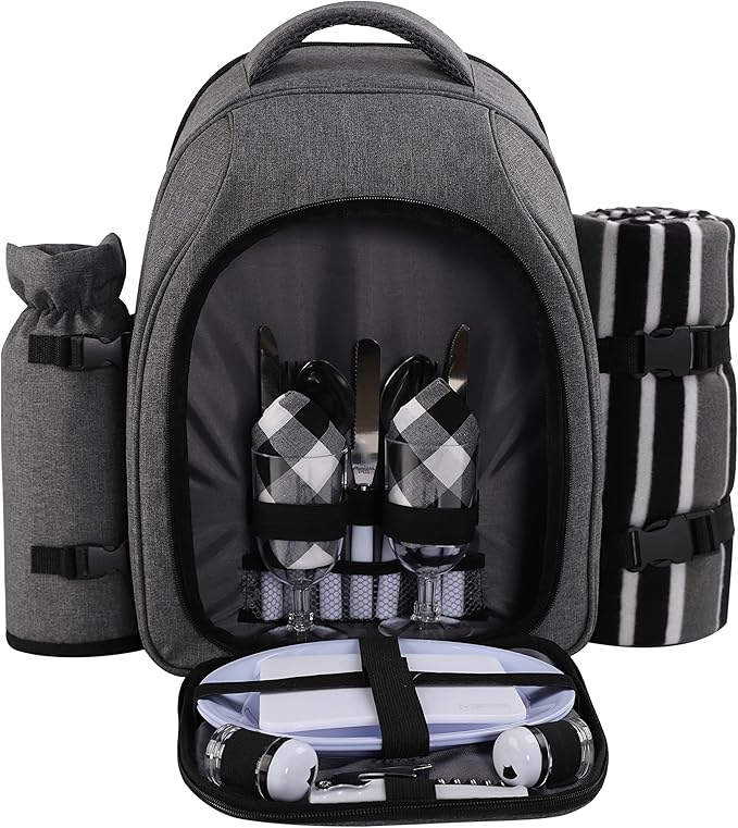 apollo walker Picnic Backpack Bag for 2 Person with Cooler Compartment, Detachable Bottle/Wine Holder, Fleece Blanket, Plates and Cutlery Set (2Person,Grey)-Mewly Pet
