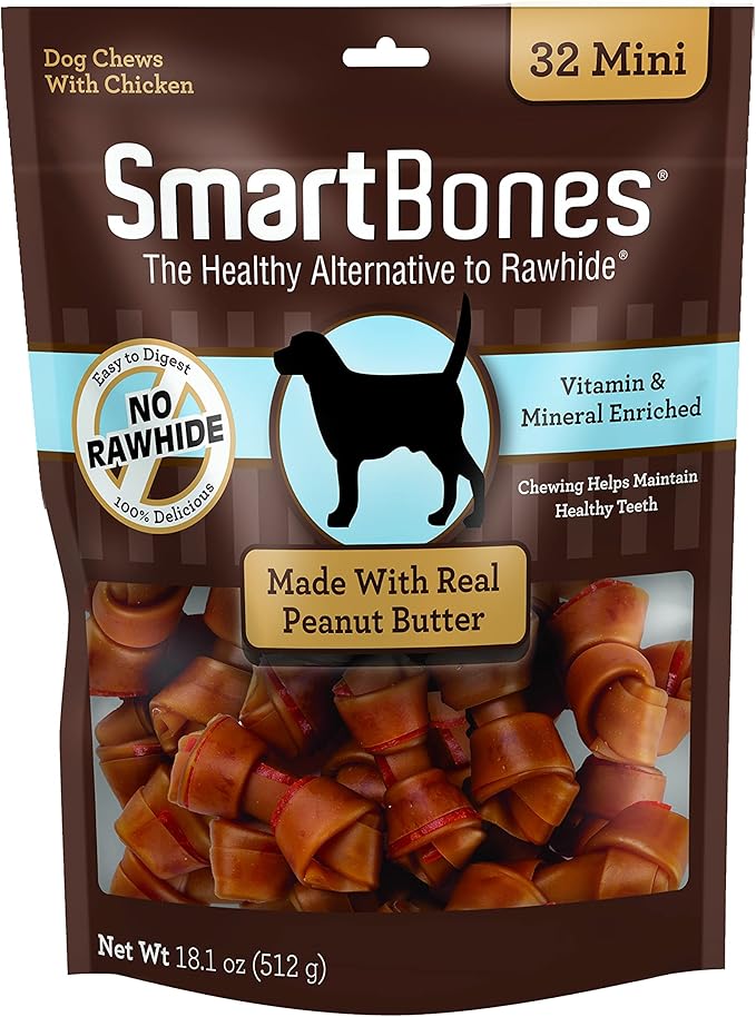 SmartBones Mini Chews With Real Peanut Butter 32 Count, Rawhide-Free Chews For Dogs-Mewly Pet