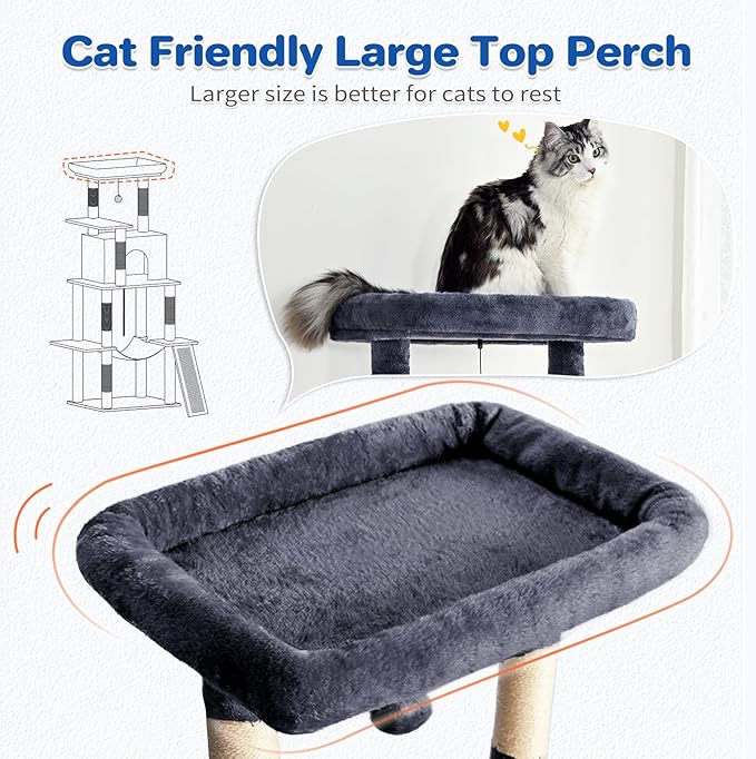 Cat Tree Tower 63in Multi-Level Cat Tower for Indoor Cats with Sisal Scratching Posts, Condo, Hammock, Dangling Ball and Extended Platform for Cats to Play, Dark Grey-Mewly Pet