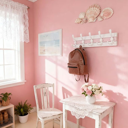 SKOLOO Coastal Wall Mounted Coat Rack - 17" Beach House Entryway Wooden Coat Hook with 5 Hooks for Hanging Coats, Hats or Towels, Oceanfront Cottage Core Collection, White & Palm Beach Pink