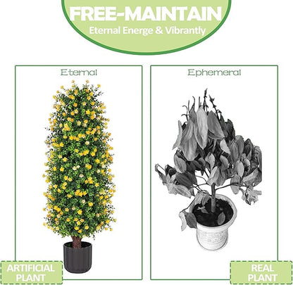 Sunnyglade 2 Packs Artificial Rose Tree 3FT- Fake Floral Plant Tree in Pot- Decorative Topiary Plant - Cement Filled Potted Faux Flower Plant for Home Office Porch Decor Indoor Outdoor(Yellow)