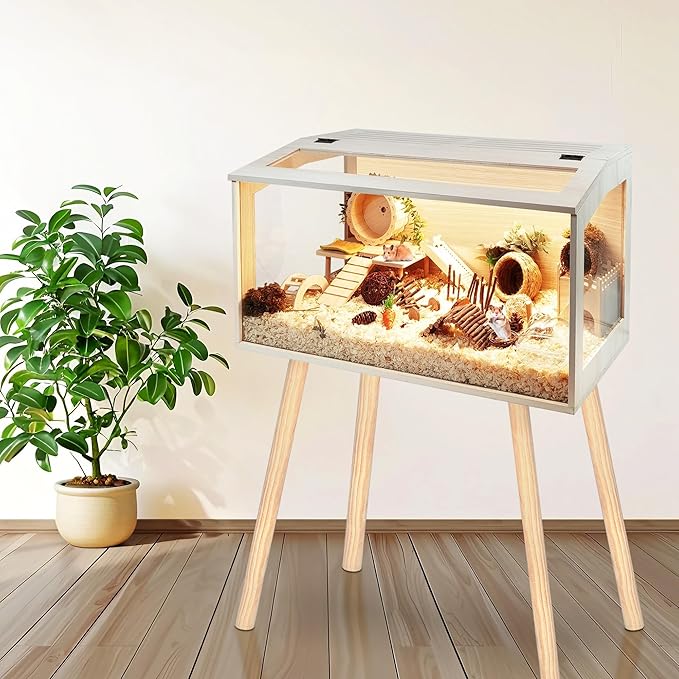 Prolee Hamster Cage Wooden Chew Proof, Extra Large Mice and Rat Habitat Openable Top with Acrylic Sheets Solid Built Small Animal Cage with Leg Stands, 24 Inch Long-Mewly Pet