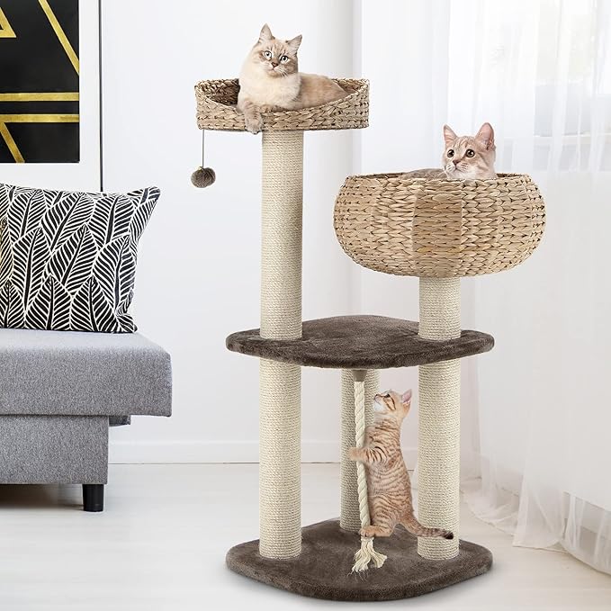 Tangkula Modern Cat Tree for Indoor Cats, Small/Tall Cat Tower with Natural Sisal Scratching Post, Hand-Made Wicker Cat Condo & Top Perch, Funny Hanging Toy Ball, Cute Cat Tree Tower for Large Cats-Mewly Pet