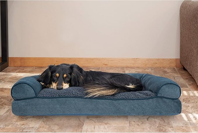 Furhaven Pillow Dog Bed for Medium/Small Dogs w/ Removable Bolsters & Washable Cover - Sherpa & Chenille Sofa - Orion Blue, Medium-Mewly Pet