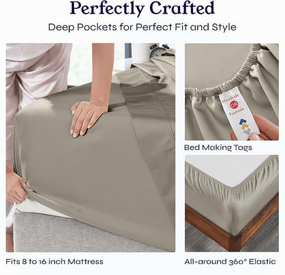 California Design Den King Bed Sheets Set - Soft 400 Thread Count Sateen, Natural 100% Cotton Sheets,Durable & Breathable Bedding with Deep Pockets - Taupe