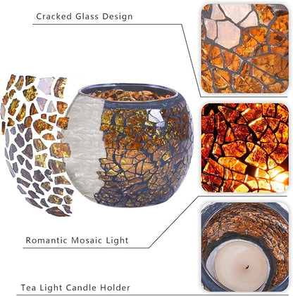 Rancco Glass Votive Candle Holder for Tealight, 6 Set Romantic Stained Mosaic Tealight Candle Holders, Handmade Cracked Aromatherapy Candle Lamp for Valentine, Party, Christmas Table Centerpiece Decor