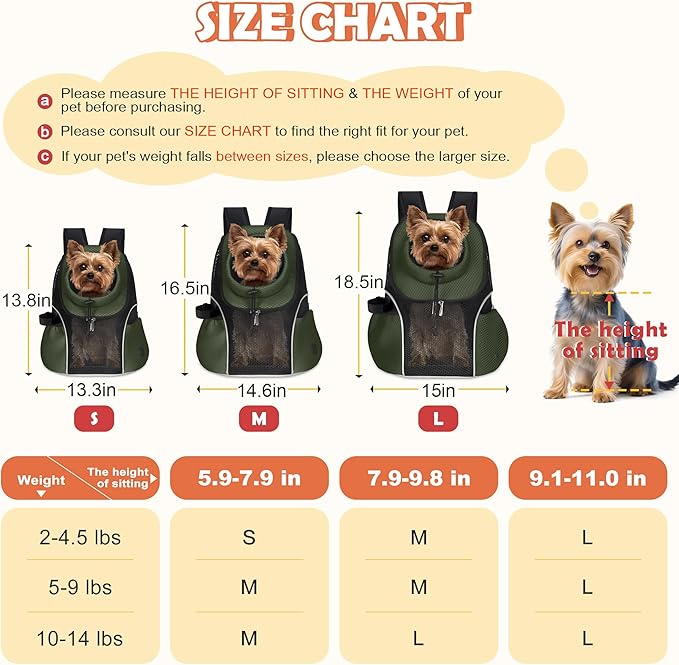 WOYYHO Pet Dog Carrier Backpack Small Dog Front Backpack Ventilated Mesh Dog Travel Back Pack with Safety Belt for Travel Hiking Cycling Outdoor Adventures (Size M: 5-9 lbs, Army Green)-Mewly Pet
