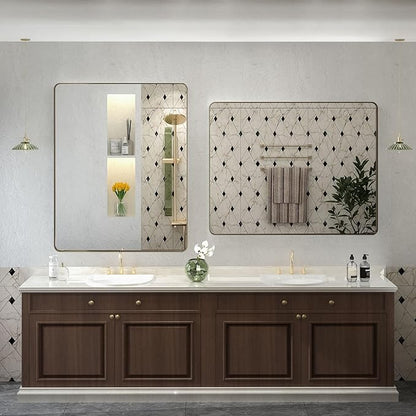 40x30 Bronze Brushed Bathroom Mirror for Wall, Brushed Metal Framed Bathroom Vanity Mirror, Modern Rectangle Mirror, Rounded Corner, Shatterproof, Anti-Rust (Horizontal/Vertical)