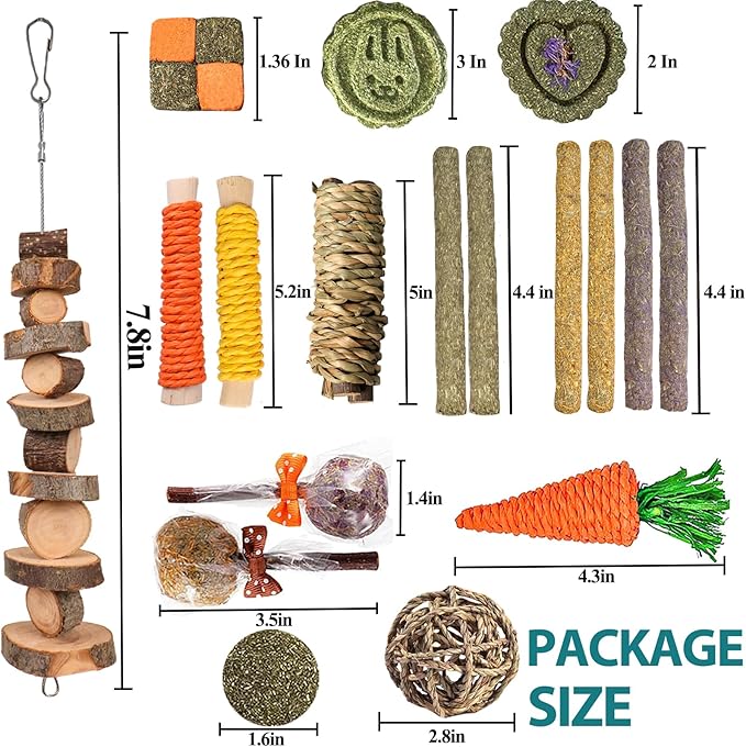 HERCOOCI 18Pcs Rabbit Chew Toys, Bunny Treats and Ball Timothy Hay Stick Toys for Rabbit Bunny Guinea Pig Chinchilla Hamster Teeth Care-Mewly Pet