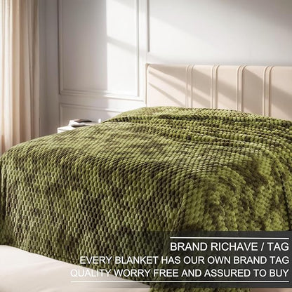 Richave Fleece Throw Blanket,Premium Lightweight Anti-Static 50x60 Inches Travel Size 3D Clouds Stylish Jacquard Throw Blanket for Winter, Tie-dye Olive Green