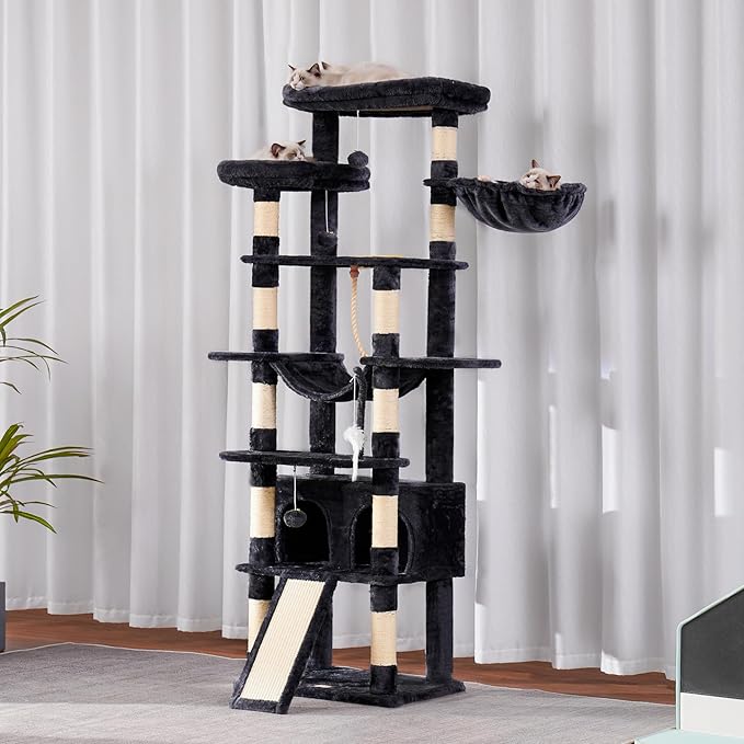 Heybly Tall Cat Tree, 78-inch Multi-Level Cat Tower for Indoor Cats, 2 Widened Plush Perches Cat Condo with Scratching Board and Big Caves, Smoky Gray HCT033G-Mewly Pet