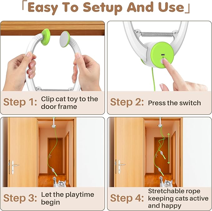 Interactive Cat Toys Rechargeable, Feather Toy for Indoor Cat, Hanging Retractable Teaser Toy, Automatic Kitten Play Chase Exercise Toys with Three Plush Mouse, USB Powered (Green)-Mewly Pet