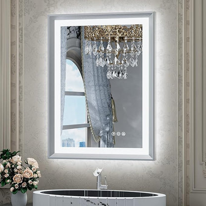 TETOTE Bathroom Mirror with Lights 20x28 Brushed Nickel LED Mirror Silver Frame Frontlit & Backlit Lighted Vanity Mirror Baroque Anti Fog Dimmable White/Warm/Natural,Wall Mounted(Horizontal/Vertical)