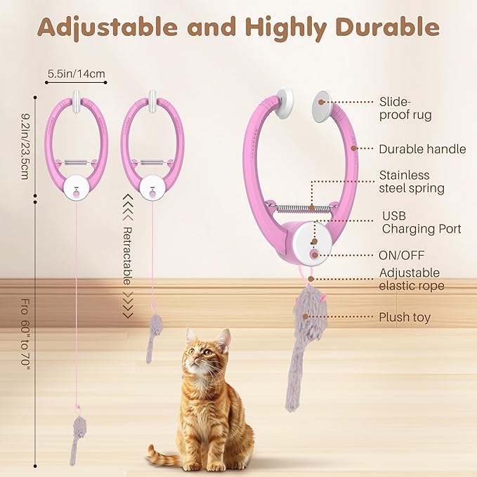 Interactive Cat Toys Rechargeable, Feather Toy for Indoor Cat, Hanging Retractable Teaser Toy, Automatic Kitten Play Chase Exercise Toys with Three Plush Mouse, USB Powered (Pink)-Mewly Pet
