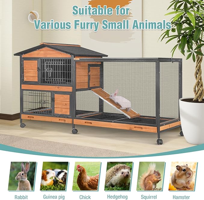 2-Story Rabbit Cage with Chew-Proof Metal Frame for Indoor/Outdoor - 62" Bunny Hutch Guinea Pig Cages with 6 Locking Wheels & 2 Removable Trays for Rabbits/Guinea Pigs-Mewly Pet