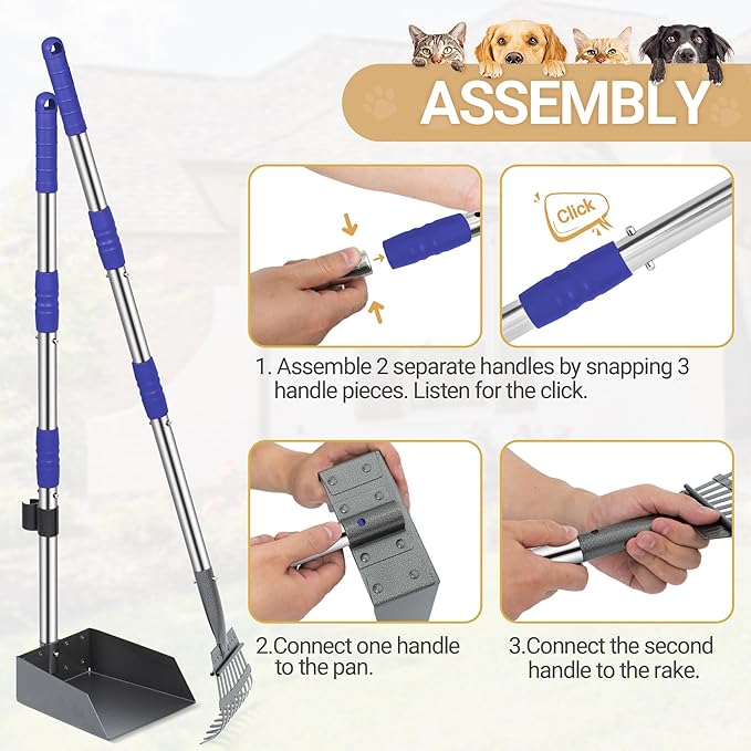 Heeyoo Dog Pooper Scooper, Dog Poop Tray and Rake Set, Pet Waste Removal Scoop with Long Adjustable Sectional Stainless Handles-Mewly Pet