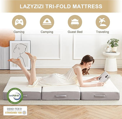 Folding Mattress, 6 Inch Memory Foam Tri-fold Mattress with Breathable & Washable Bamboo Fiber Fabric Cover, Foldable Floor Guest Bed for Camping, Road Trip, Twin