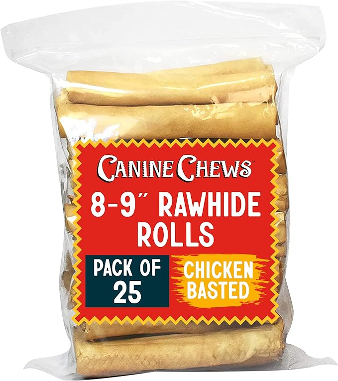 Canine Chews 8-9" Chicken Basted Rawhide Retriever Rolls - Pack of 25 Chicken-Flavored Long-Lasting Dog Rawhide Chews - Protein-Dense Jumbo Rawhide Bones For Large Dogs - Treats for Aggressive Chewers-Mewly Pet
