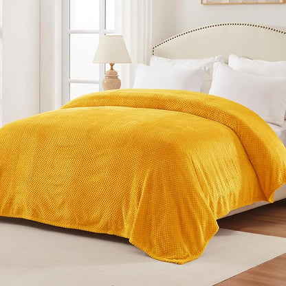 Exclusivo Mezcla Fleece Bed Blanket Queen Size, Super Soft and Warm Blankets for Couch, Sofa and Bed Waffle Textured, Cozy, Fuzzy and Lightweight (Mustard Yellow, 90x90 Inches)
