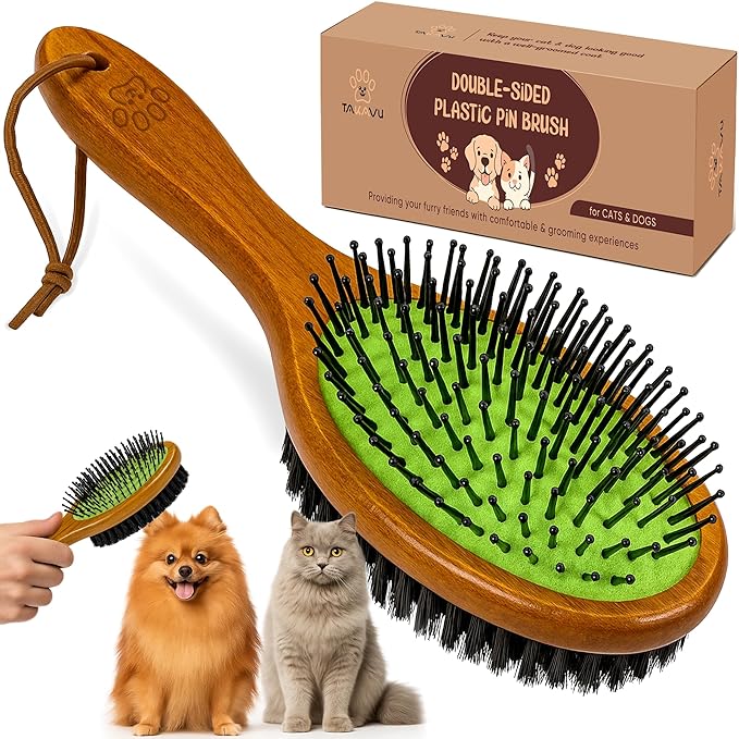 TAKAVU Pin & Bristle Pet Brush for Dogs & Cats - Double Sided Grooming Tool Detangles, Removes Loose Hair & Conditions Coat - Wood Handle-Mewly Pet