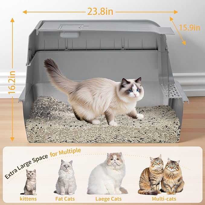 Stainless Steel Litter Box with Lid, XL Extra Large Cat Litter Box, Enclosed Metal Litter Pan with High Sided Enclosure & Scoop, Anti Leakage, Easy to Clean, Odor Control(Grey)-Mewly Pet