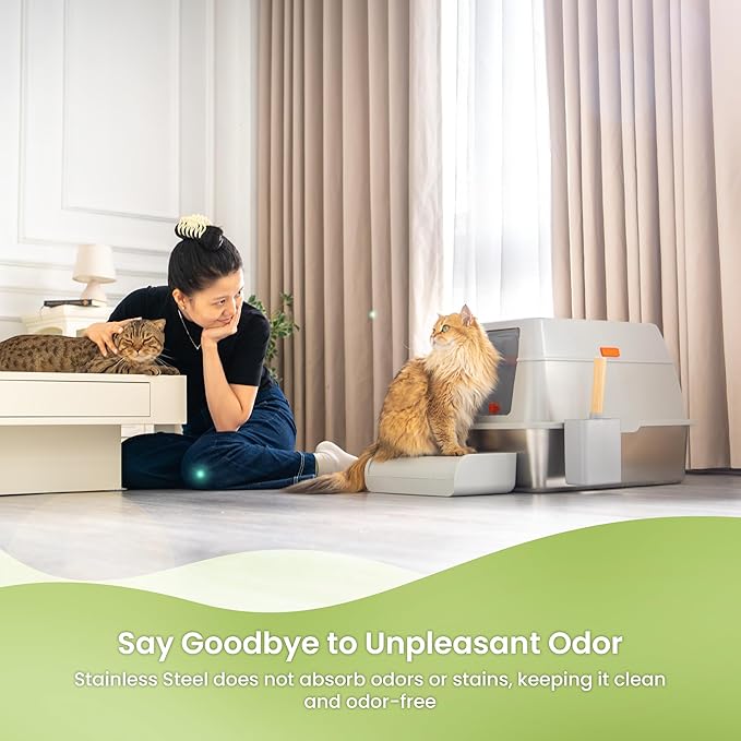 Cattasaurus Stainless Steel XL Cat Litter Box with Lid for Large Cats Up to 40lbs, Removable Kitty Litter Box Enclosure, Top Entry Litter Box, Durable Scoop & Pedal (Stainless Steel - Only Base)-Mewly Pet