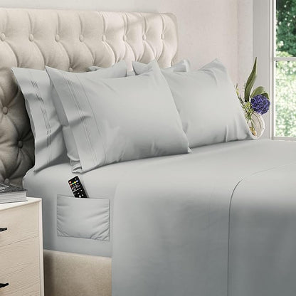 DREAMCARE California King Sheet Sets – 6 pcs Cooling Bed Sheets – up to 15” Deep Cal King Sheets – 2500 Supreme Collection – Extra Soft 100% Brushed Microfiber Hotel Luxury with Side Pocket – L Gray