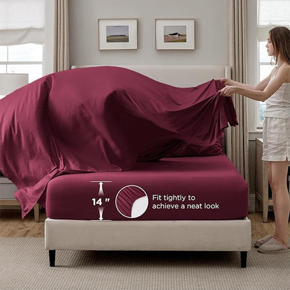 Bedsure Queen Comforter Set Burgundy - Bed in a Bag Queen Size Bedding 7 Pieces, GentleSoft™ Pintuck Bed Set Gift for Family, Pinch Pleat All Season Comforter with Sheets, Pillowcases & Shams