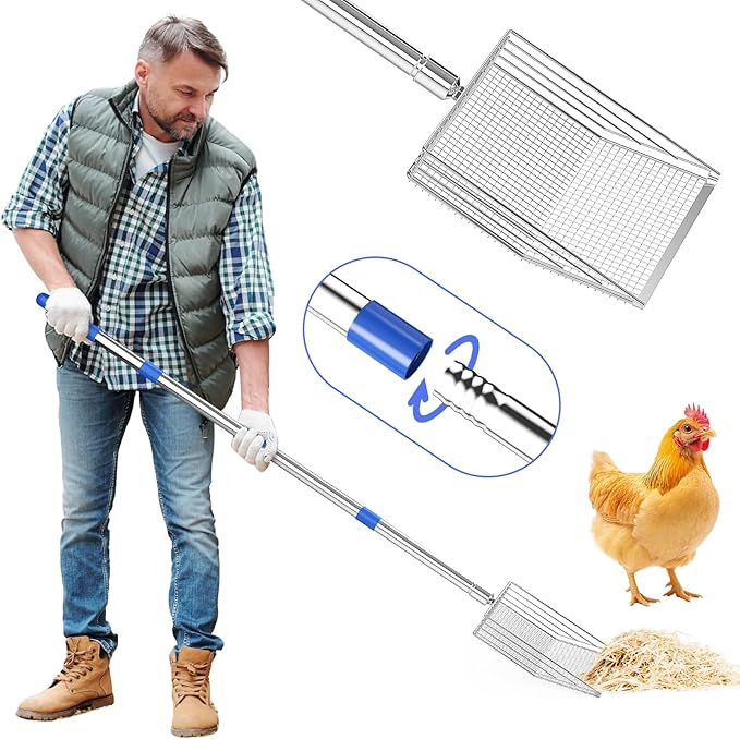 Chicken Poop Scooper, 304 Stainless Steel Shovel Head, 4-in-1 Chicken Litter Scoop with Handle for Chicken Coop & Pet Waste Cleaning, Multifunctional Litter Sifting Shovel(20 to 49")-Mewly Pet