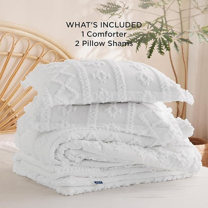 Bedsure Tufted Boho Comforter Set California King - Bright White Boho Bed Set, GentleSoft™ 3 Pieces Farmhouse Shabby Chic Embroidery Bedding, Gifts for Woman, Soft Jacquard Comforter for All Seasons