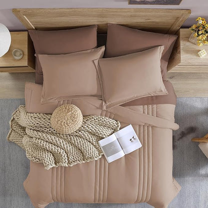 Monbix King Size Comforter Set - 7 Pieces Bed in a Bag King, Rust Pink Bedding Sets with Comforter, All Seasons Down Alternative Comforter Bed Set with Sheets, Pillowcases & Shams