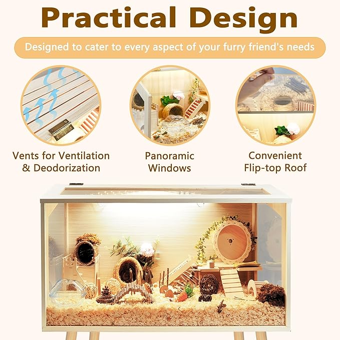 Prolee Hamster Cage Wooden Chew Proof, Extra Large Mice and Rat Habitat Openable Top with Acrylic Sheets Solid Built Small Animal Cage with Leg Stands, 24 Inch Long-Mewly Pet