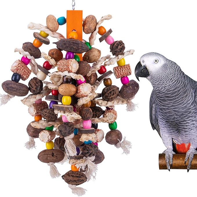 Deloky Large Parrot Bird Chewing Toys, Natural Nuts Corn Parrot Tearing Toy, Wooden Bird Cage Toy for African Grey, Macaws Cokatoos, Amazon Parrots and Other Large Birds-Mewly Pet