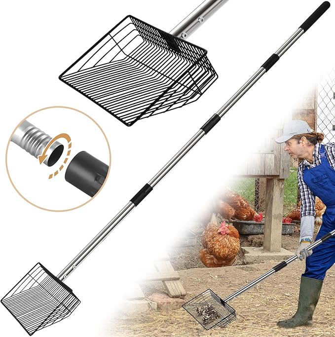 10inch Large Metal Chicken Poop Scooper, 24 to 68" Long Chicken Coop Litter Scoop with Stainless Steel Handle, 4 in 1 Multifunctional Heavy Duty Litter Sifting Shovel Chicken Coop Accessories-Mewly Pet