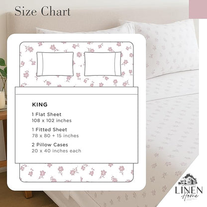 Linen Home 100% Cotton Printed Percale Sheets King Size, Deep Pocket, 4 Pieces Set - 1 Flat, 1 Deep Pocket Fitted Sheet and 2 Pillowcases, Crisp Cool and Strong Bed Linen, Mauve Silhouette Floral