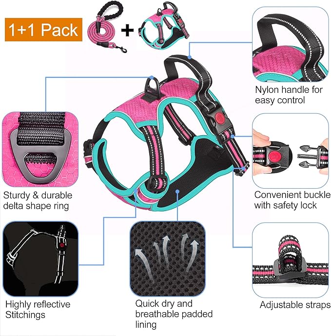 No Pull Dog Harness Adjustable Reflective Oxford Easy Control Medium Large Dog Harness with A Free Heavy Duty 5ft Dog Leash-Mewly Pet