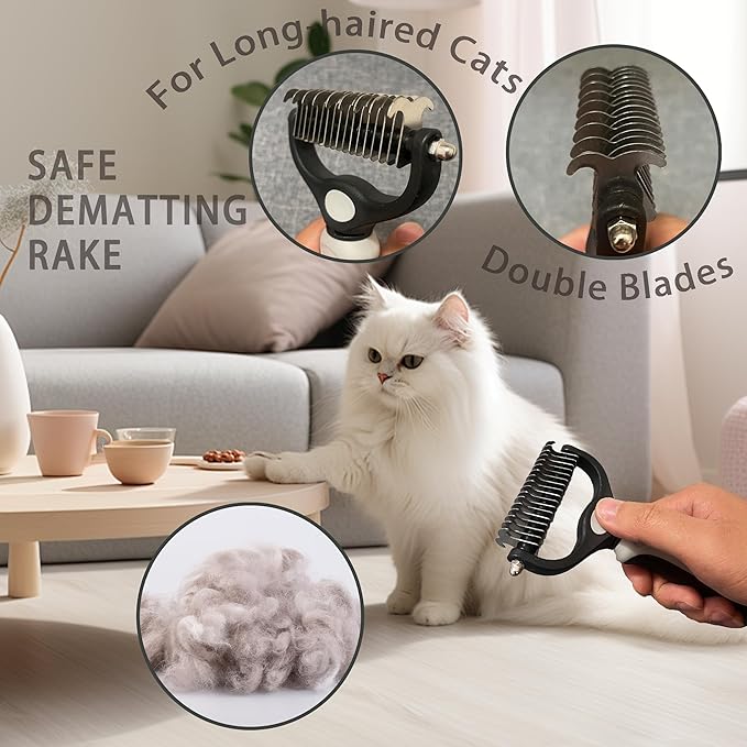 Cat Grooming Brush Kit 6 Tools - Deshedding & Dematting for Long/Short Hair, Self-Cleaning Slicker Brush with 6-in-1 Flea Comb for Cats & Kittens (White)-Mewly Pet