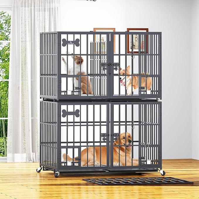 aboxoo 42 inch Stackable Heavy Duty Metal Dog Crate for 4 Dogs/Large Dog,All Metal Open Top Access,Escape Proof Cage,Dog Kennel Indoor with Wheels,Floor Grid, Tray, Divider and Feeding Bowl-Mewly Pet
