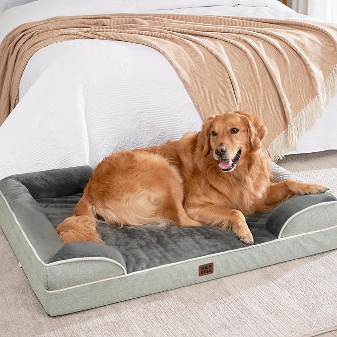 EHEYCIGA Orthopedic Dog Beds for Large Dogs, Waterproof Memory Foam Large Pet Bed with Sides, Non-Slip Bottom and Egg-Crate Foam Dog Couch Bed with Washable Removable Cover, Greyish Green-Mewly Pet
