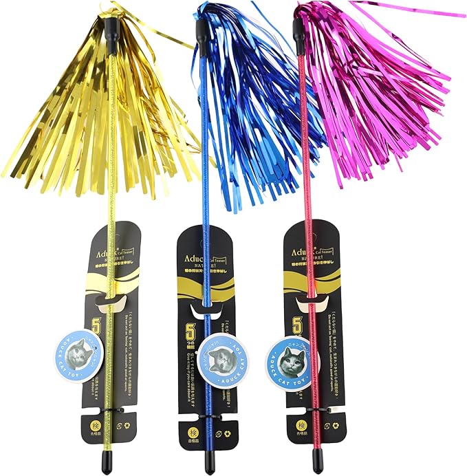 ADUCK Interactive Cat Teaser Wand Toy with Tassels - Durable Cat Chaser for Indoor Kitten Exercise, Boredom Relief & Training Play - Assorted Color, 1 Pack-Mewly Pet