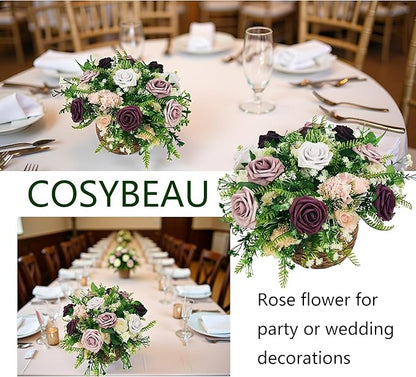 Artificial Fake Flowers 25pcs Roses, Shade of Dark Purple Foam Rose Faux Flower for DIY Wedding Bouquet Bridal Shower Centerpieces Floral Arrangements Party Table Home Decorations